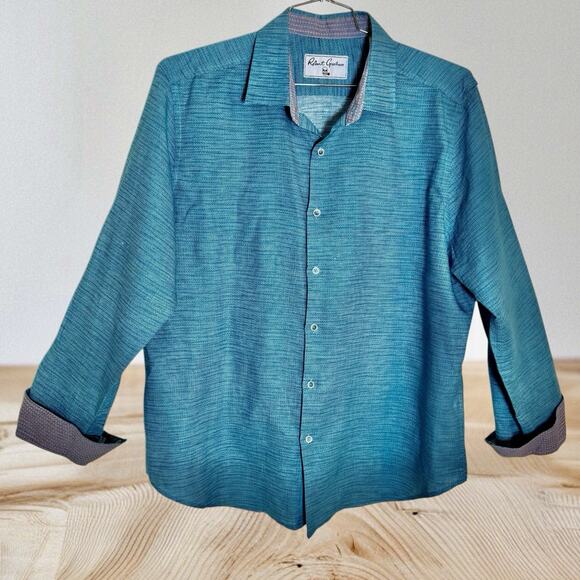 Robert Graham Linen Blend Shirt Size 2XL Mens Skull Tag Flip Cuffs Turquoise - Picture 1 of 9
